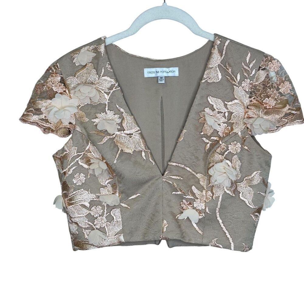 Dress The Population 2 Piece Set Womens M Beige Floral Embroidered Top Skirt - Picture 3 of 12